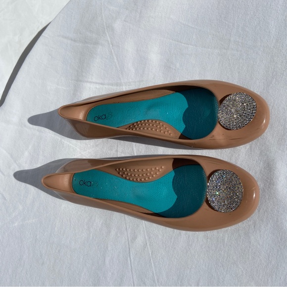 Oka B glossy chai color ballet flats with silver disc detail - Picture 1 of 9